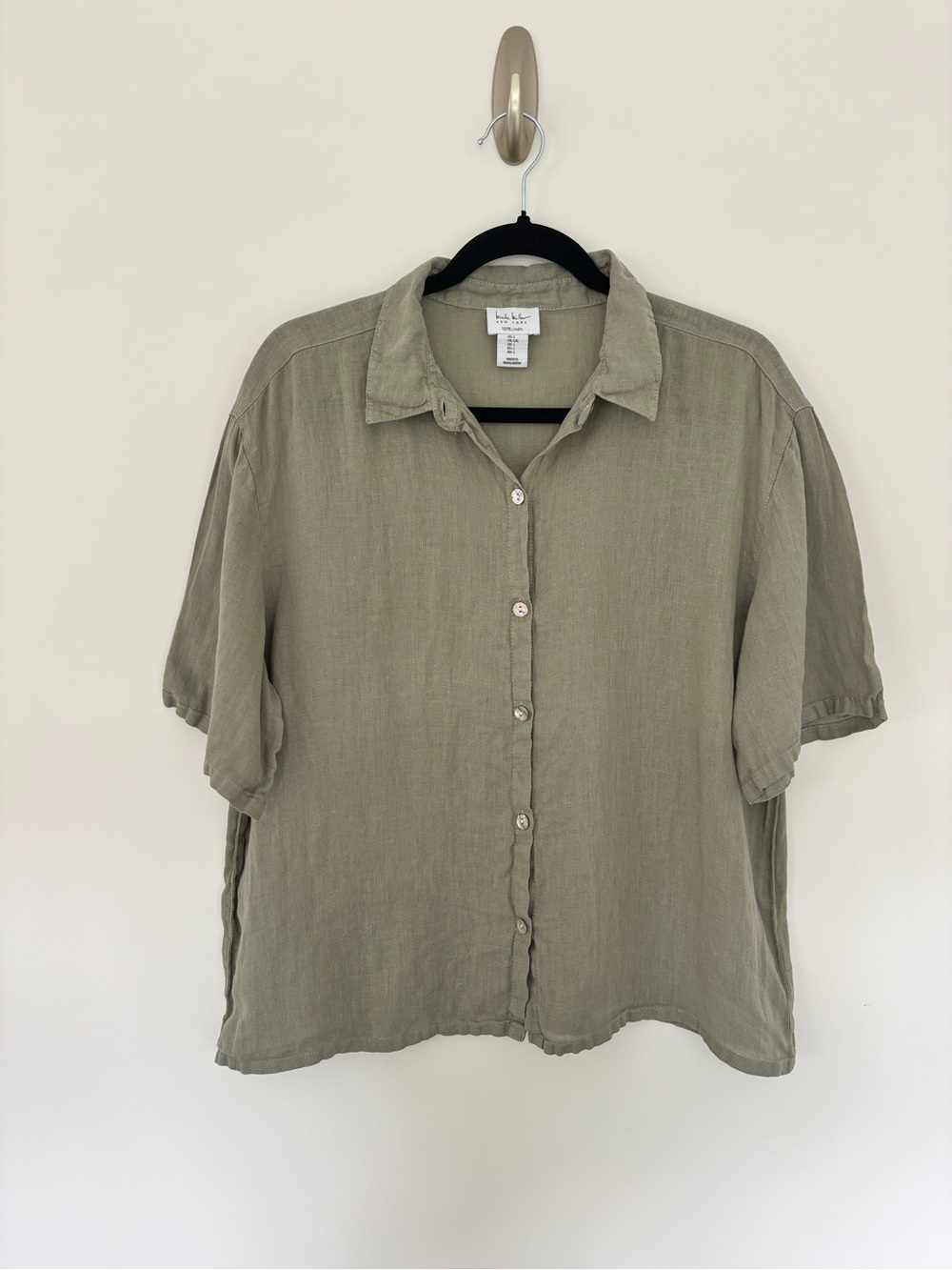100% Linen Nicole Miller Sage Green Button-Front Blouse Women’s Large